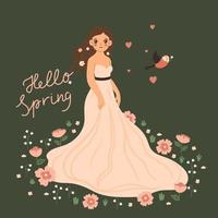 Spring card or poster with a girl and bird. Vector graphics.