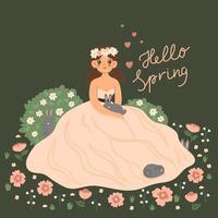 Spring card or poster with a girl and rabbits. Vector graphics.