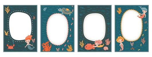 Frame set for baby's photo album with cute mermaids. Vector graphics