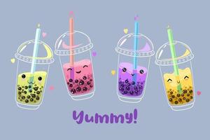 Postcard with kawaii bubble tea. Vector graphics.