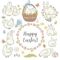 Easter set with rabbits and chickens. Vector graphics.