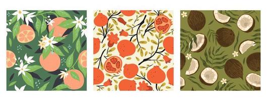 Collection of seamless patterns with fruits. Vector graphics.