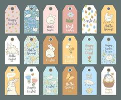 Collection of Easter tags with rabbits and chickens. Vector graphics.