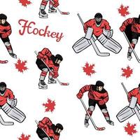 Seamless pattern by Canadian hockey players and maple leaves. Vector graphics.