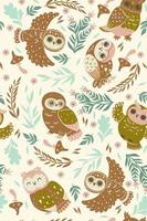 Seamless pattern with owls in pastel colors. Vector graphics.