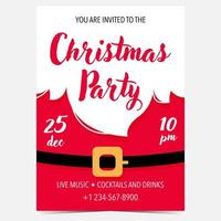 Christmas party invitation card, banner, poster, leaflet, flyer or brochure with Santa Claus red suit and his white beard. Winter holidays celebration invitation or greeting card vector template.