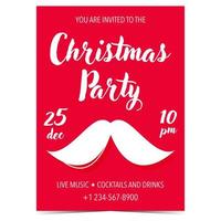 Christmas party poster or banner for winter holidays celebration invitation or greeting card. Vector illustration in flat style with Santa Claus mustache on red background for Christmas Eve party.