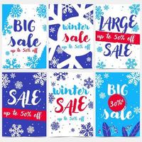 Winter sale promo poster or banner design with snowflakes for Christmas or New Year. Set of advertisement leaflet, flyer, brochure or placard for winter holidays sale and discount shopping season. vector