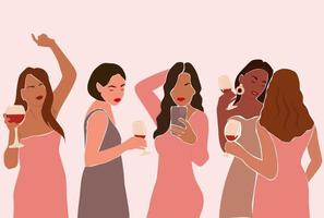 Beautiful girls in evening dresses with glasses of wine in their hand. Young women at a party, drinking, dancing, taking selfies. Vector graphics.