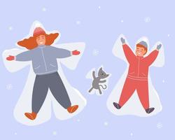 Mom, baby and cat make a snow angel, play winter active games. The mood in the New Year holidays. Vector graphics.