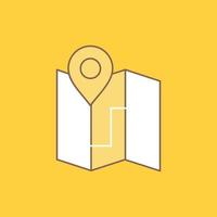 Map. Camping. plan. track. location Flat Line Filled Icon. Beautiful Logo button over yellow background for UI and UX. website or mobile application vector