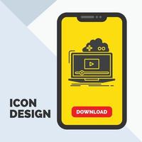 Cloud, game, online, streaming, video Glyph Icon in Mobile for Download Page. Yellow Background vector