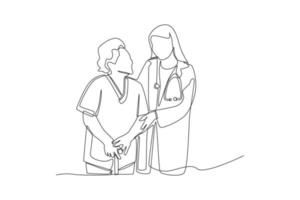 Continuous one line drawing Female Doctor helping old woman patient with walking stick to walk. Doctor and Patient concept. Single line draw design vector graphic illustration.