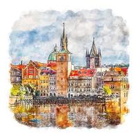 Praha City Prague Watercolor sketch hand drawn illustration vector