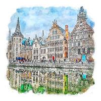 Ghent Belgium Watercolor sketch hand drawn illustration vector