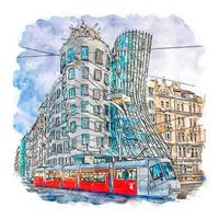 Dancing House Prague Watercolor sketch hand drawn illustration vector