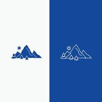 montaña. paisaje. Cerro. naturaleza. línea de árbol y botón web de glifo en banner vertical de color azul para ui y ux. sitio web o aplicación móvil vector