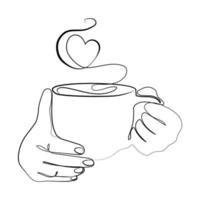 taza de bebida caliente con forma de corazón de vapor en las manos, logotipo, emblema, plantilla de impresión de moda, dibujo lineal en ilustración vectorial de estilo minimalista. manos con una taza de té o dibujo de boceto de café fragante vector