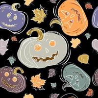 Halloween seamless pattern with pumpkins lanterns and autumn leaves of different colors on a black background. Festive background with pumpkins for Halloween for Print, wrapping paper,banner,Vector vector