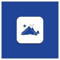 Blue Round Button for mountain. landscape. hill. nature. scene Glyph icon vector