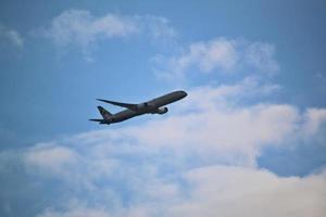 Manchester in the UK in October 2022. A Plane taking off from Manchester Airport photo