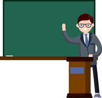 School teacher stands near blackboard. Lecturer in College in classroom. Clean chalkboard for chalk text. man in suit. Cartoon flat illustration. Podium for speech. Profession at University vector