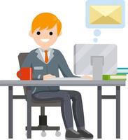 Young man sit at table with computer and receives letter. e-mail in messenger. Cartoon flat illustration. Work in office. postal envelope in bubble, chat with friends on Internet