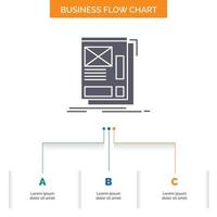 wire, framing, Web, Layout, Development Business Flow Chart Design with 3 Steps. Glyph Icon For Presentation Background Template Place for text. vector