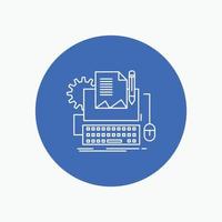 Type Writer, paper, computer, paper, keyboard White Line Icon in Circle background. vector icon illustration