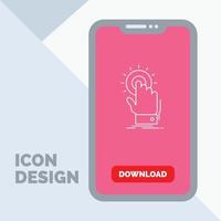 tocar. hacer clic. mano. en. icono de línea de inicio en el móvil para la página de descarga vector