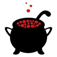 A pot of boiling potion. Silhouette. Bubbles of red color fly upwards.  Witch brew in a metal pot. Halloween symbol.  All Saints Day. Cauldron for cooking broth. Large saucepan. Kitchen tools.
