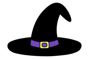 Witch hat. Silhouette. The fabulous headpiece is adorned with a purple ribbon and a yellow buckle. vector