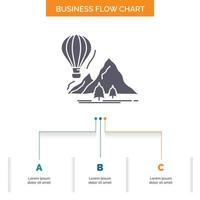 explore, travel, mountains, camping, balloons Business Flow Chart Design with 3 Steps. Glyph Icon For Presentation Background Template Place for text. vector