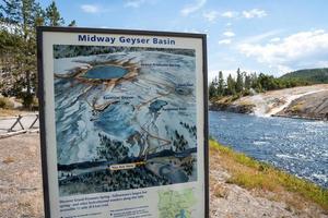 Signboard by Firehole River in Midway Geyser at Yellowstone park in summer photo