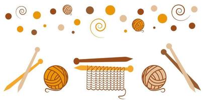 Set with knitting elements orange and brown cosy yarn, knitting needles. Vector illustration on white background