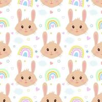 Cute seamless vector pattern with rabbits, hearts, clouds, rainbows and stars. Seamless vector printing on children's fabrics, wallpaper, textiles.