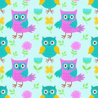 Vector seamless pattern with bright owls. Vector illustration with owls for children. It is used for printing on children's fabrics, packaging, wallpaper, textiles, design.