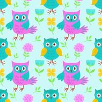 Vector seamless pattern with bright owls. Vector illustration with owls for children. It is used for printing on children's fabrics, packaging, wallpaper, textiles, design.