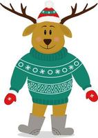 Cute deer with big horns and a green sweater on a blue background. Cute deer with a gift in his hands.Funny vector illustration of a deer.  New Year, Christmas, holidays, advertising hero.