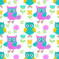 Vector seamless pattern with bright owls. Vector illustration with owls for children. It is used for printing on children's fabrics, packaging, wallpaper, textiles, design.