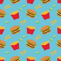 Seamless vector pattern of hamburger and French fries. For printing, wrapping paper, restaurant menus, packaging, books, postcards, magazine covers, web pages, fabrics, textiles, grocery stores.