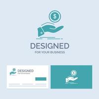 help. cash out. debt. finance. loan Business Logo Glyph Icon Symbol for your business. Turquoise Business Cards with Brand logo template. vector