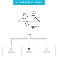 Mountains. Nature. Outdoor. Clouds. Sun Business Flow Chart Design with 3 Steps. Line Icon For Presentation Background Template Place for text vector