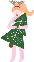 Christmas girl. Garlands, flags, labels, bubbles, ribbons and stickers. Collection of Merry Christmas decorative icons vector