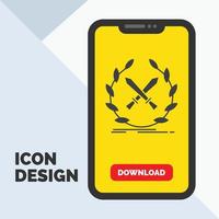 batalla. emblema. juego. etiqueta. icono de glifo de espadas en el móvil para la página de descarga. fondo amarillo vector