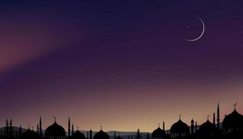 tarjeta eid mubarak, mezquitas de cúpula de silueta en la noche con luna creciente, cielo azul oscuro, fondo de banner vectorial para religiones islámicas, eid al-adha, eid al-fitr, muharram feliz, año nuevo islámico vector