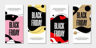 Set of 4 abstract modern graphic liquid banners. Dynamical waves different colored fluid forms. Isolated Black Friday templates with flowing liquid shapes. Special offer, flyer or presentation. vector