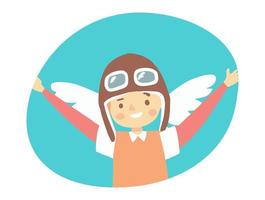 Happy child playing with toy paper wings at home. vector