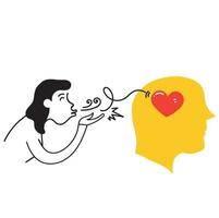 hand drawn doodle woman put love on mind illustration vector