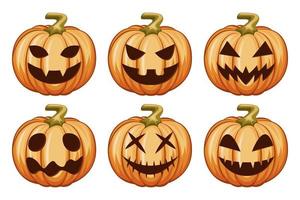conjunto de calabazas de halloween sobre fondo blanco, caras divertidas. vacaciones de otoño. ilustración vectorial eps10. vector